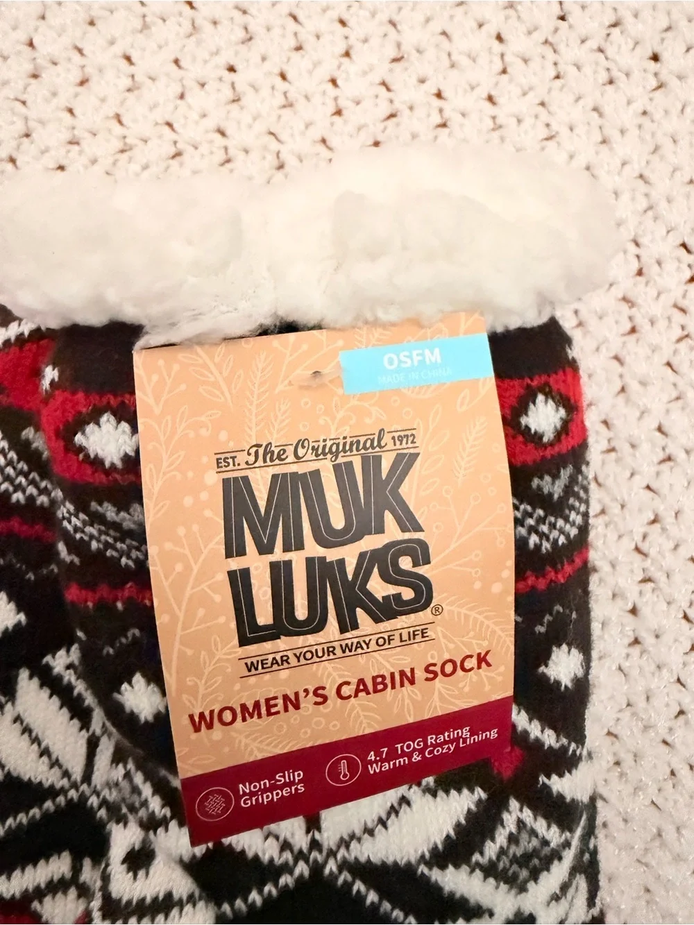 Muk Luks Black, White & Red Fair Isle Cabin Socks